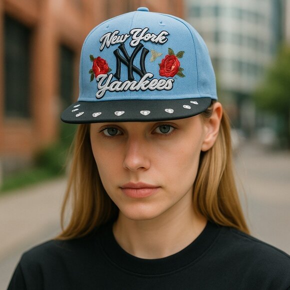 New York Yankees One Size Embroidered Roses Embellished  Snapback Baseball Cap - Picture 15 of 15